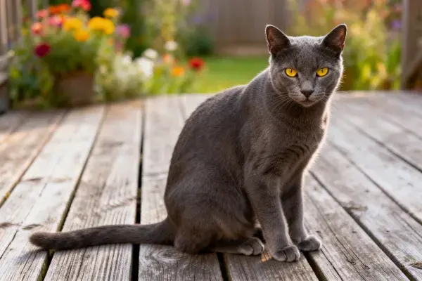 庭院木平台上的英国短毛蓝猫