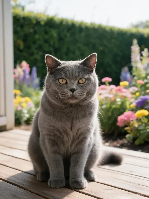 英国短毛猫于花园露台休憩图景