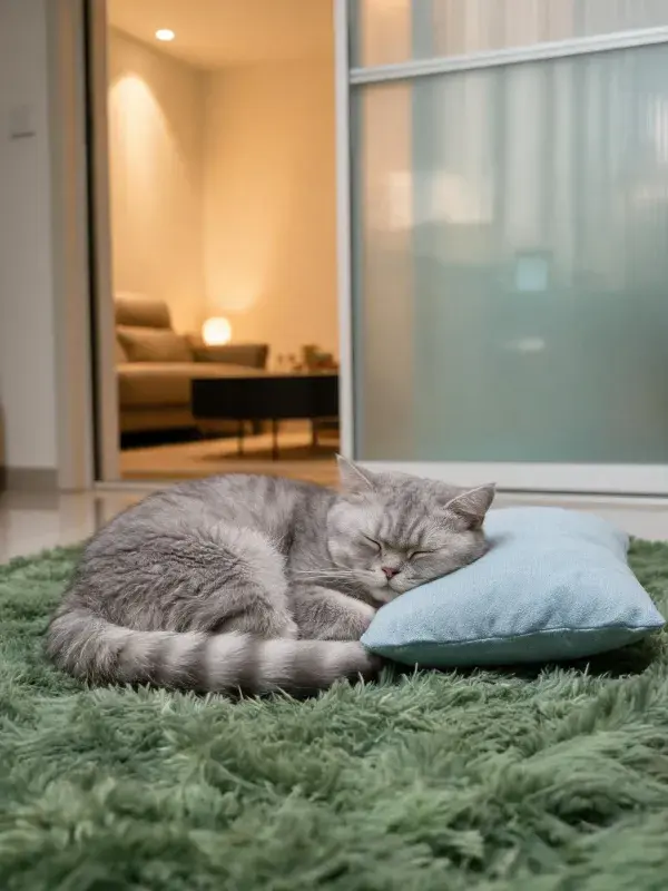 英国短毛猫在室内软垫上的休息场景