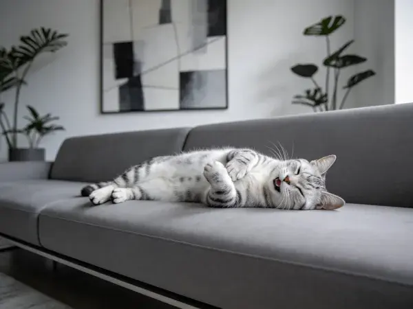 银虎斑短毛猫慵懒躺卧沙发瞬间