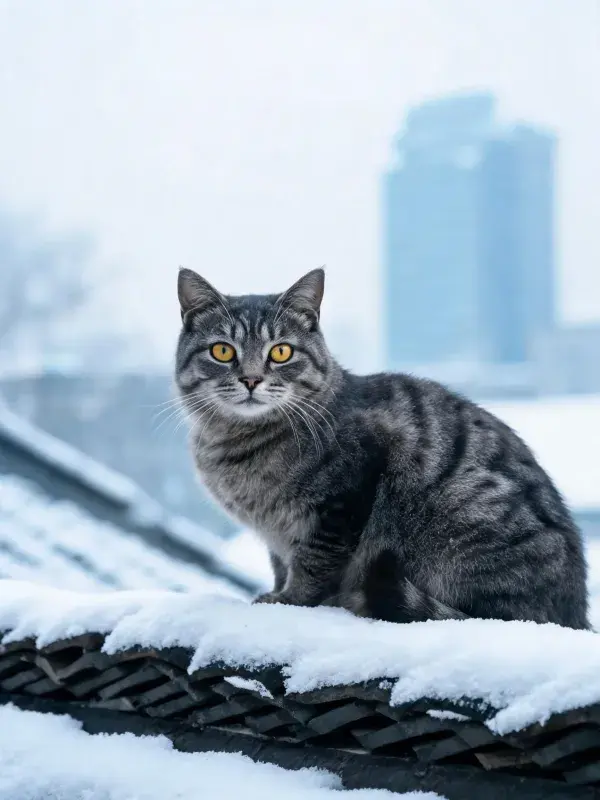 雪地屋顶上的灰虎斑短毛猫