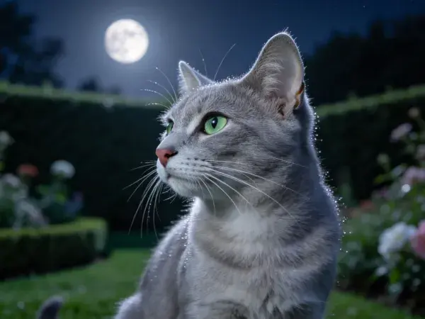 月光下花园里的灰短毛家猫