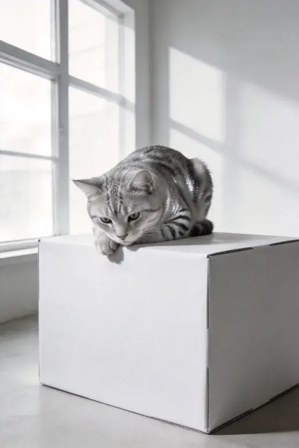 银虎斑短毛猫俯视纸箱瞬间