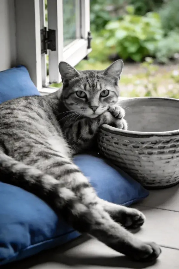 窗边蓝垫上的短毛虎斑猫