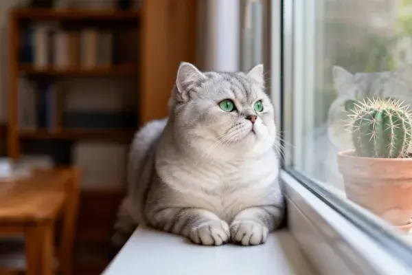窗台上的银渐层英国短毛猫与仙人掌