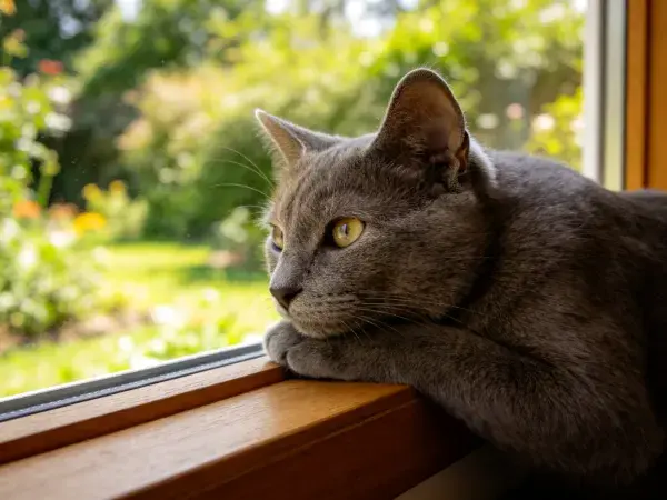 窗边俄罗斯蓝猫凝望花园景致