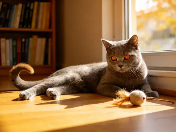 窗边英国短毛猫与玩具鼠场景