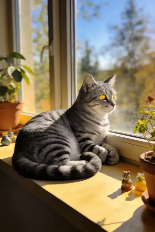 银虎斑短毛猫靠窗眺望