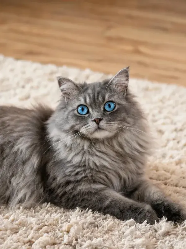 银渐层西伯利亚猫在绒毯上的姿态