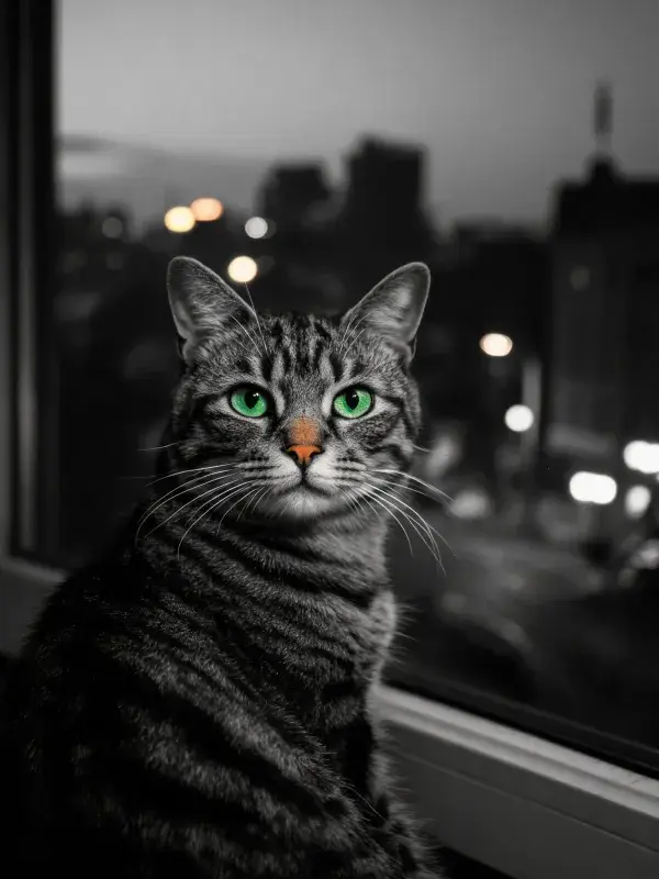 窗边短毛虎斑猫与城市夜景
