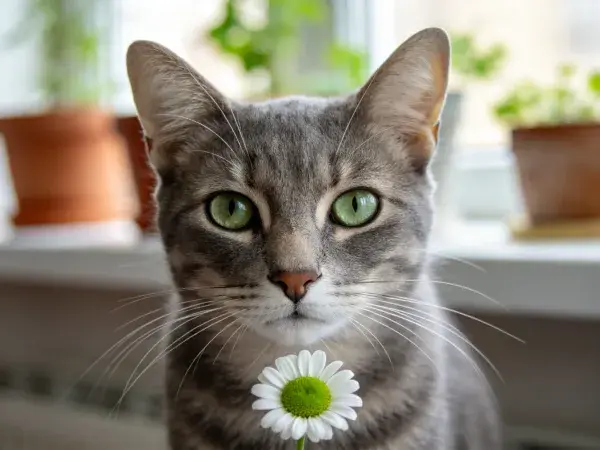 窗边室内环境中持花的灰虎斑短毛猫