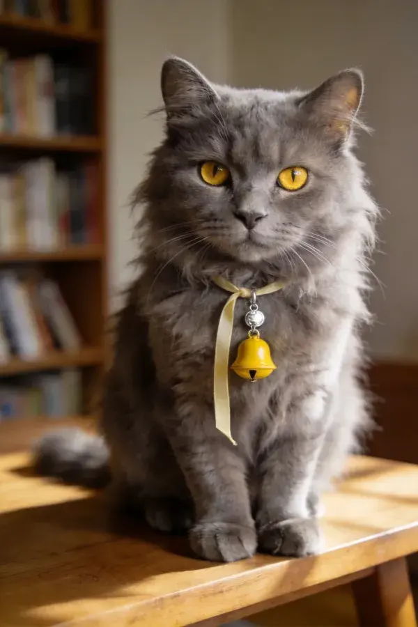 阳光下木质桌面上的灰色长毛猫