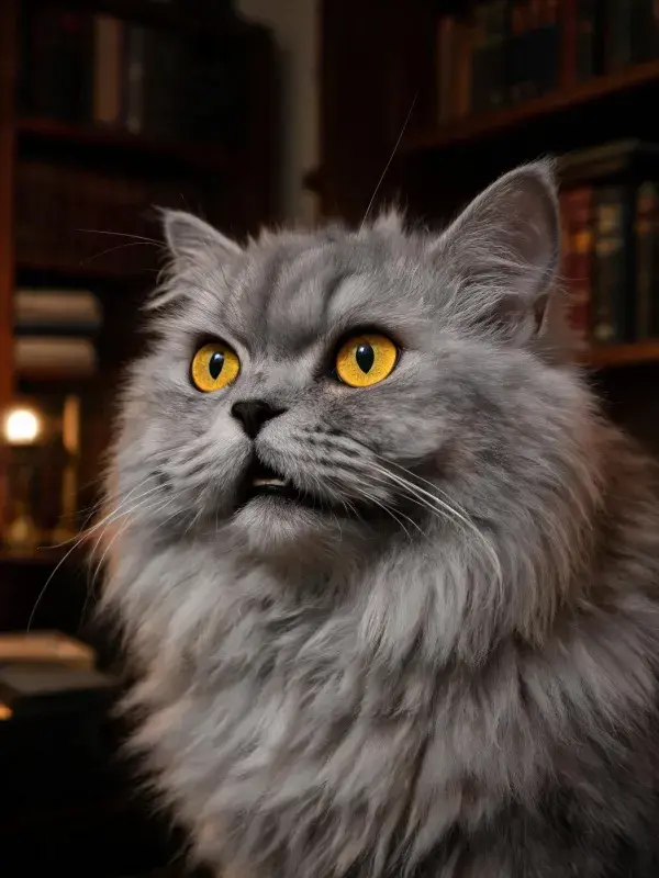 英国长毛猫在书房内的特写画面