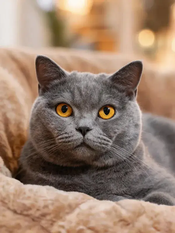 英国短毛猫在柔软织物上的静态姿态