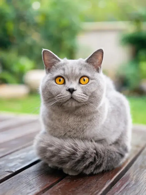 蓝灰色英国短毛猫于木质平台上的静态姿态