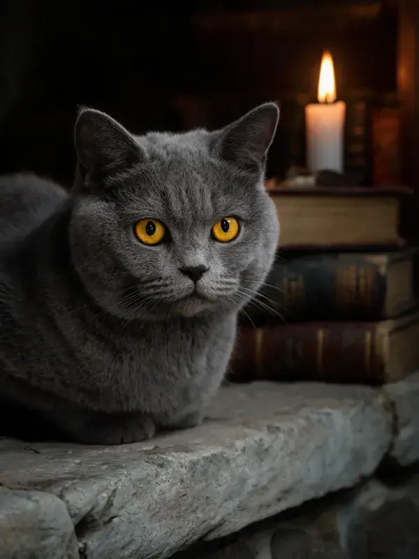 烛光下的灰色英短猫与旧书场景