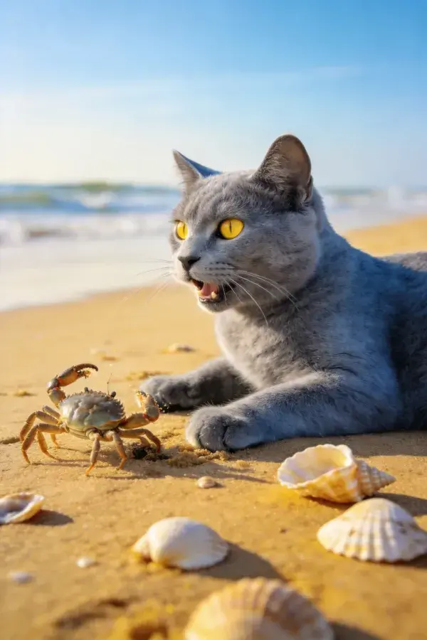 沙滩上英国短毛蓝猫与螃蟹互动场景