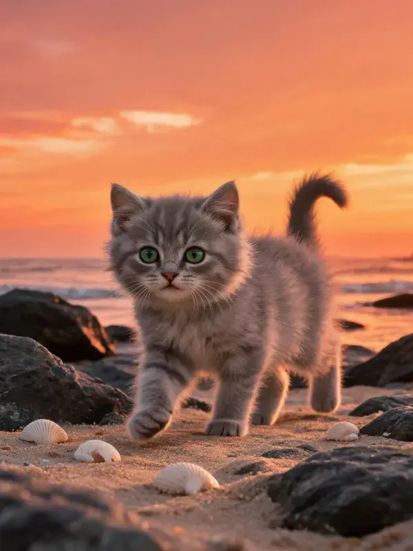 银渐层短毛猫漫步沙滩夕阳下的景象