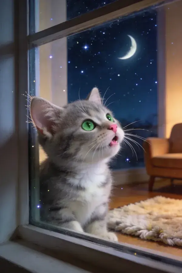 灰短毛家猫夜晚窗前眺望星空