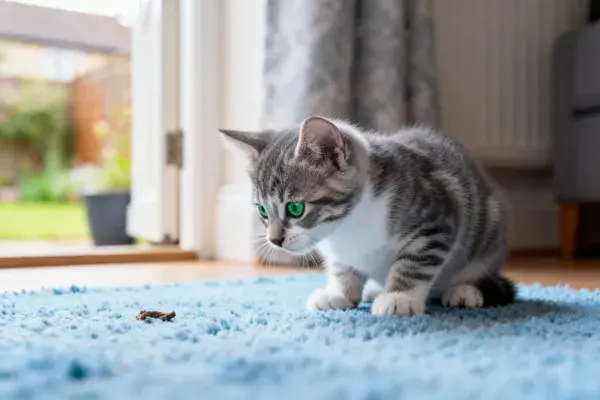 室内蓝色地毯上的短毛虎斑猫