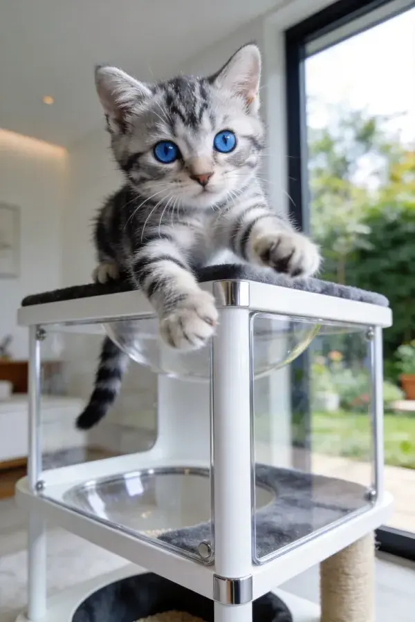 银渐层短毛猫在猫架上近景