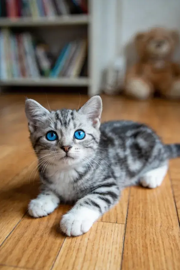 木质地板上的银虎斑小猫