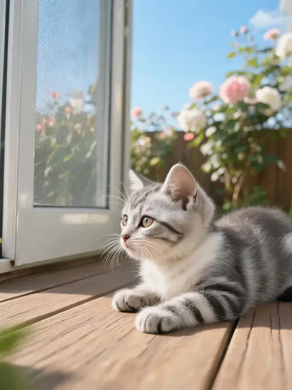 银虎斑小猫在木质平台近窗处的姿态