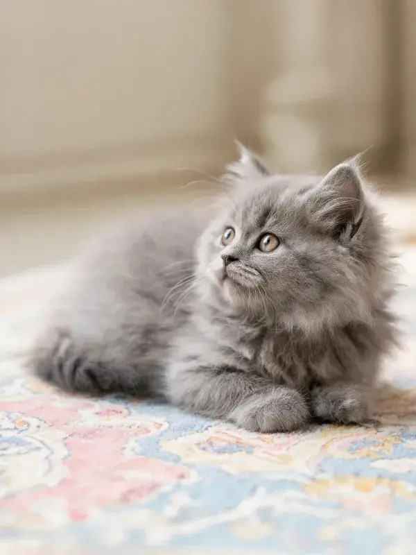 英国长毛猫在彩色地毯上的观察姿态