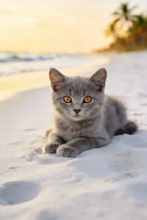灰短毛家猫在沙滩的状态记录
