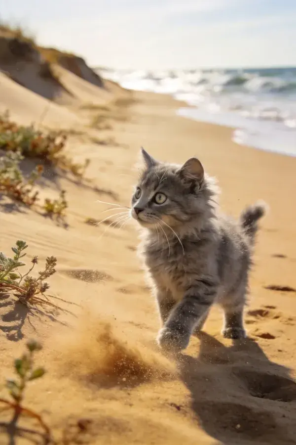 海滩沙地上的灰色长毛小猫