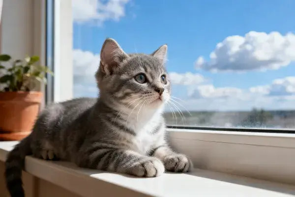 灰虎斑短毛家猫窗台注视景象