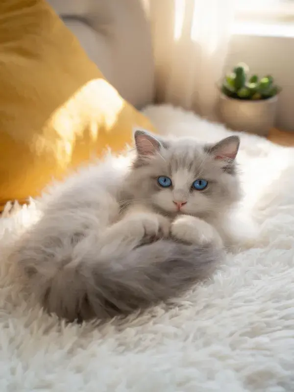 客厅暖绒毯上蓝眼睛布偶猫的休憩状态