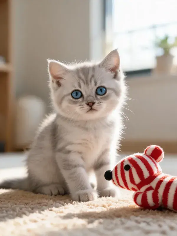 室内暖光下银渐层英国短毛猫与玩具互动场景