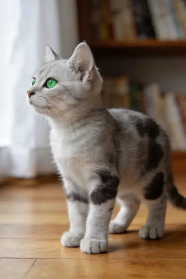 银虎斑美国短毛猫木质地板特写