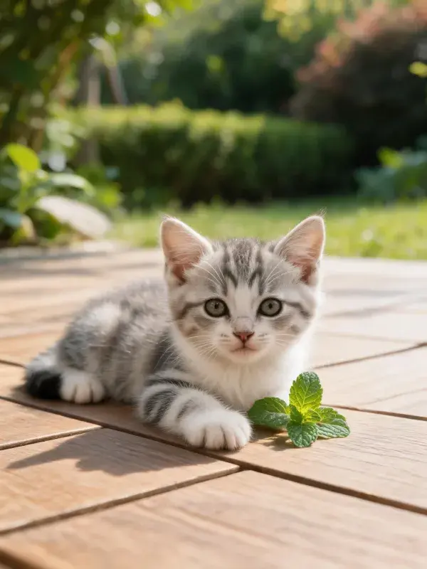木质平台上的灰虎斑短毛猫