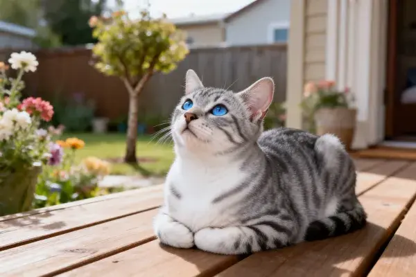 庭院木平台上的银渐层短毛猫