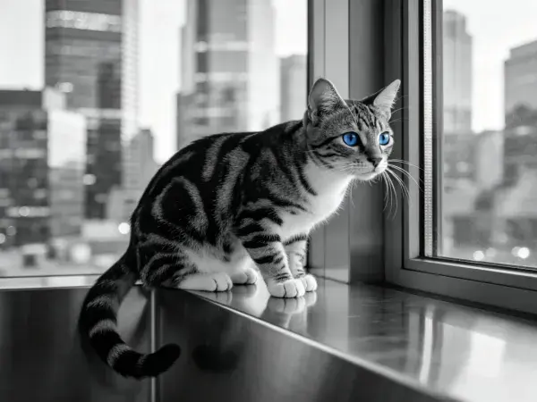 城市窗台上的短毛虎斑猫