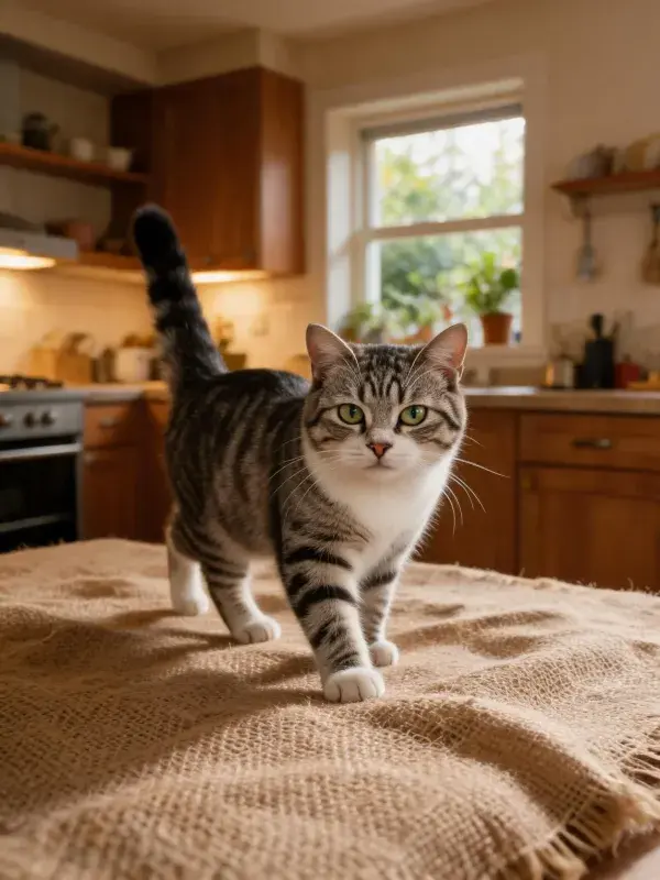 短毛虎斑猫在麻布面上的行走姿态