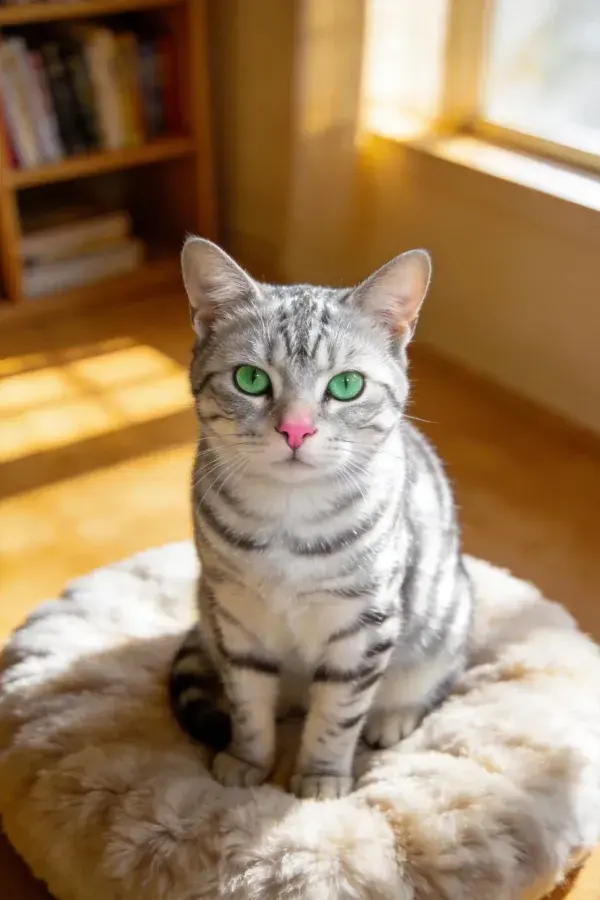 阳光下银色虎斑猫坐软垫特写