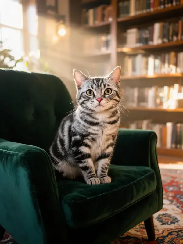 银虎斑短毛猫于暖光书房座椅上的姿态