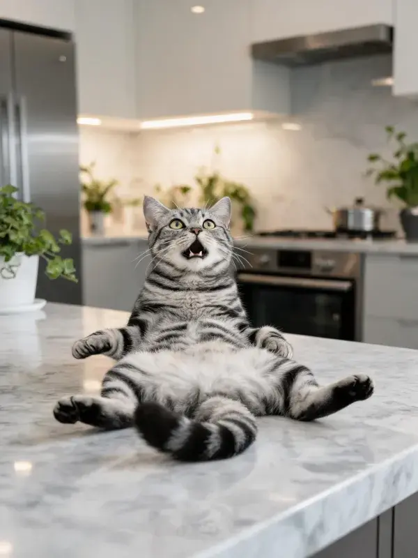 厨房大理石台面上的虎斑短毛猫姿态