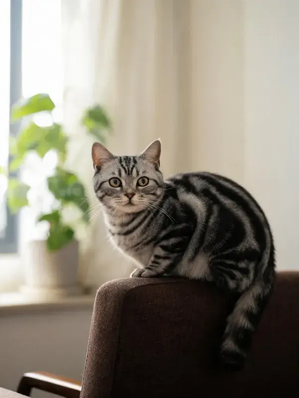 银色虎斑猫凝视镜头瞬间