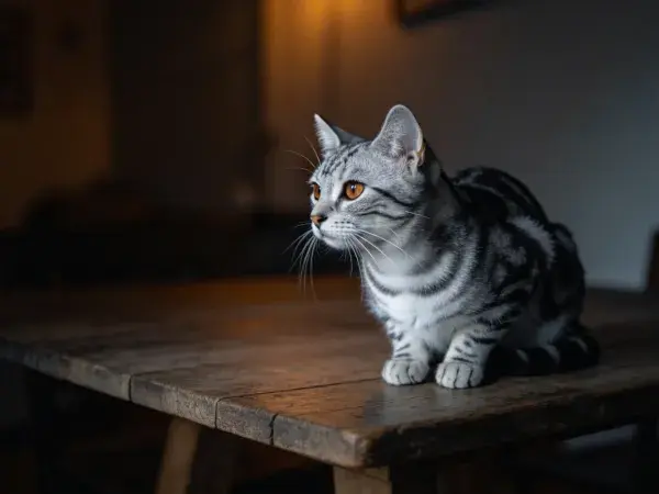复古木质桌面的银虎斑短毛猫特写