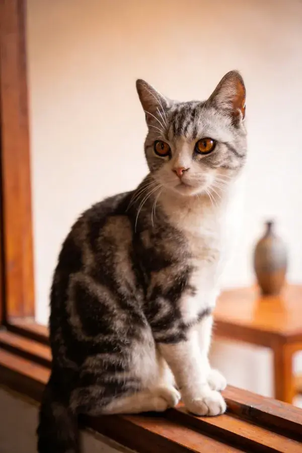 木质窗台上的灰虎斑短毛家猫