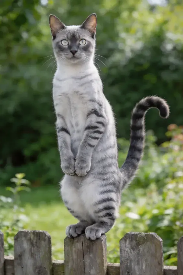 站立木栅栏上的灰白短毛猫