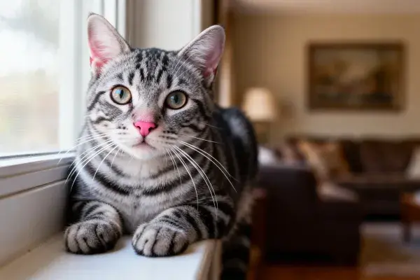 阳光窗台上的虎斑短毛猫
