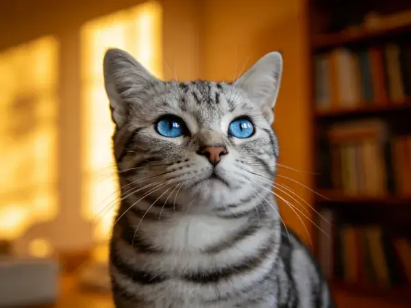 室内环境中蓝眼睛银虎斑短毛猫特写