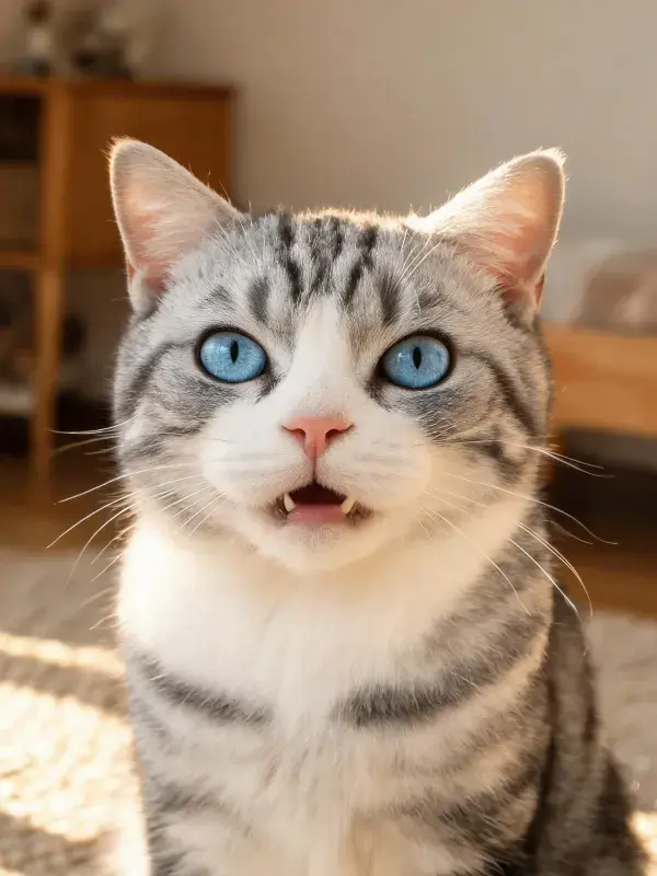 银色重点蓝眼短毛猫注视镜头的室内画面