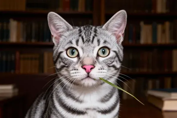 虎斑短毛猫在书房书架前的特写