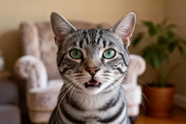 客厅沙发前的银渐层孟加拉猫